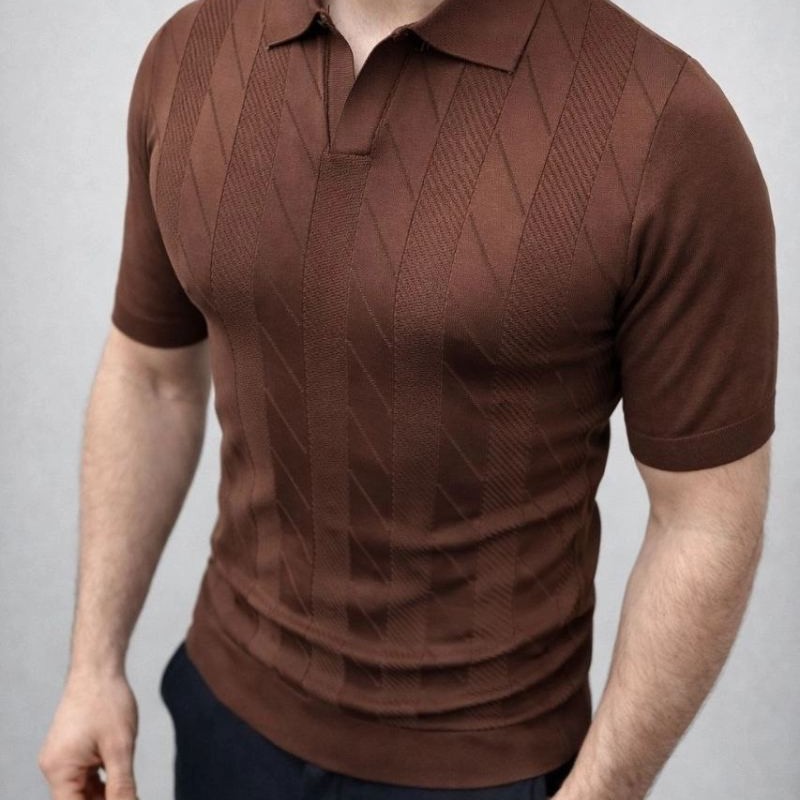Erkek Yazlık Triko Dokuma Tişört Kısa Kol Polo Yaka T-Shirt - Kahverengi