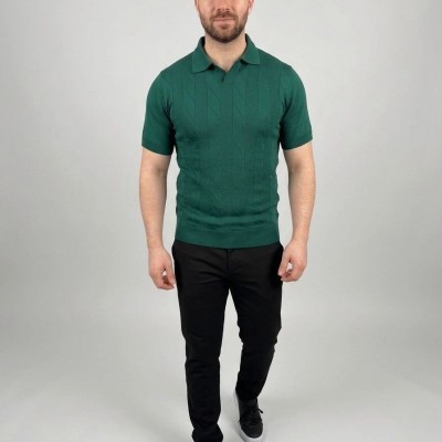 Erkek Yazlık Triko Dokuma Tişört Kısa Kol Polo Yaka T-Shirt - Koyu Yeşil
