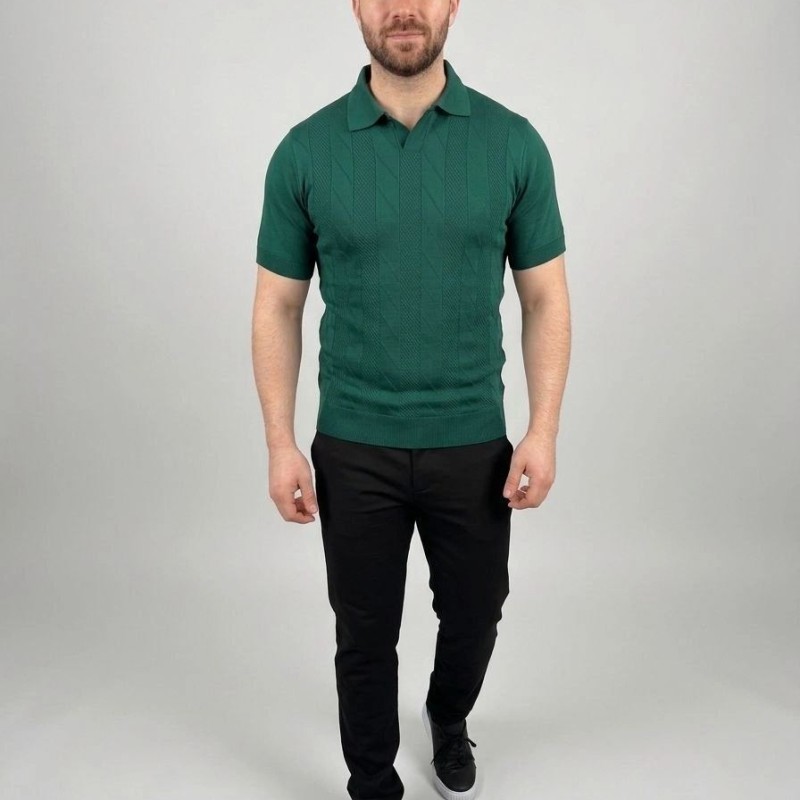 Erkek Yazlık Triko Dokuma Tişört Kısa Kol Polo Yaka T-Shirt - Koyu Yeşil