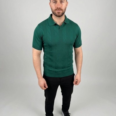 Erkek Yazlık Triko Dokuma Tişört Kısa Kol Polo Yaka T-Shirt - Koyu Yeşil