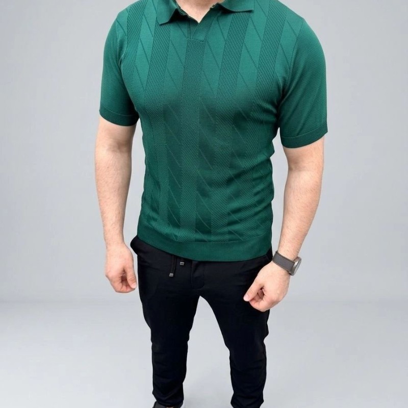 Erkek Yazlık Triko Dokuma Tişört Kısa Kol Polo Yaka T-Shirt - Koyu Yeşil