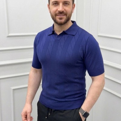Erkek Yazlık Triko Dokuma Tişört Kısa Kol Polo Yaka T-Shirt - Lacivert