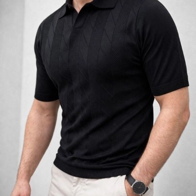 Erkek Yazlık Triko Dokuma Tişört Kısa Kol Polo Yaka T-Shirt - Siyah