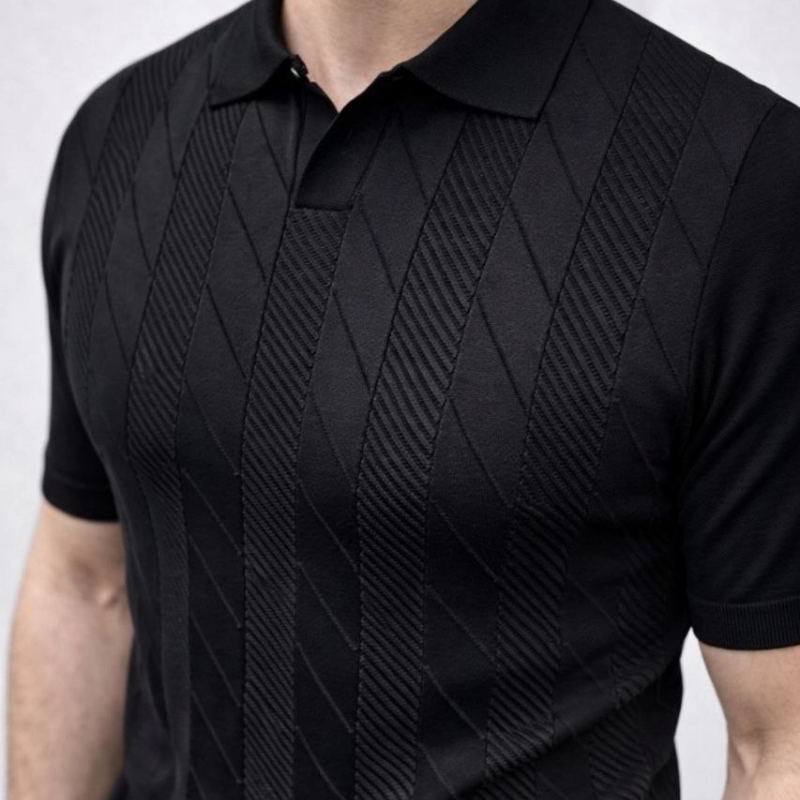 Erkek Yazlık Triko Dokuma Tişört Kısa Kol Polo Yaka T-Shirt - Siyah