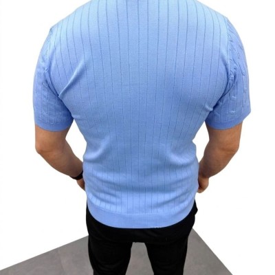 Erkek Yazlık Triko Saç Örgü Tişört Kısa Kol Polo Yaka Fermuarlı T-Shirt - Bebe Mavisi