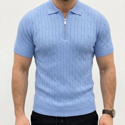 Erkek Yazlık Triko Saç Örgü Tişört Kısa Kol Polo Yaka Fermuarlı T-Shirt - Bebe Mavisi