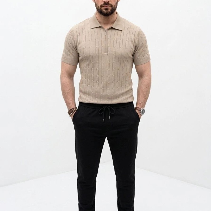 Erkek Yazlık Triko Saç Örgü Tişört Kısa Kol Polo Yaka Fermuarlı T-Shirt - Bej