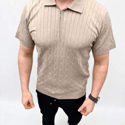 Erkek Yazlık Triko Saç Örgü Tişört Kısa Kol Polo Yaka Fermuarlı T-Shirt - Bej