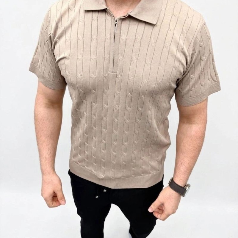 Erkek Yazlık Triko Saç Örgü Tişört Kısa Kol Polo Yaka Fermuarlı T-Shirt - Bej