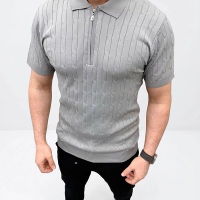 Erkek Yazlık Triko Saç Örgü Tişört Kısa Kol Polo Yaka Fermuarlı T-Shirt - Gri