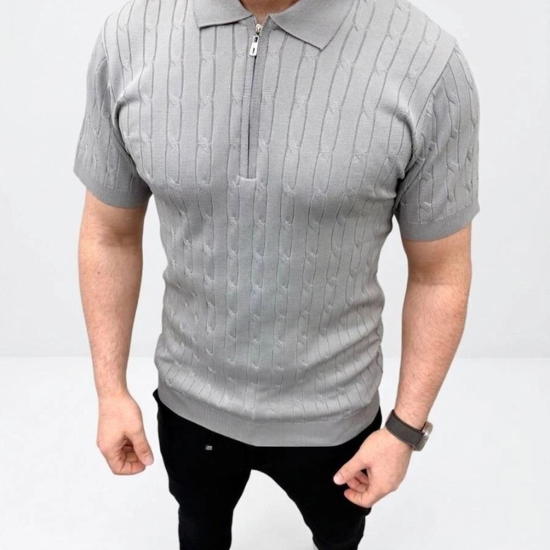 Erkek Yazlık Triko Saç Örgü Tişört Kısa Kol Polo Yaka Fermuarlı T-Shirt - Gri