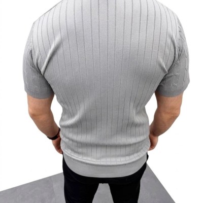 Erkek Yazlık Triko Saç Örgü Tişört Kısa Kol Polo Yaka Fermuarlı T-Shirt - Gri