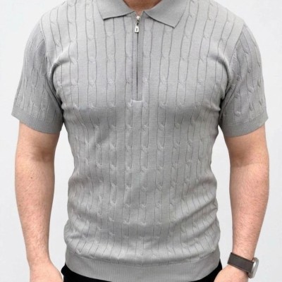 Erkek Yazlık Triko Saç Örgü Tişört Kısa Kol Polo Yaka Fermuarlı T-Shirt - Gri
