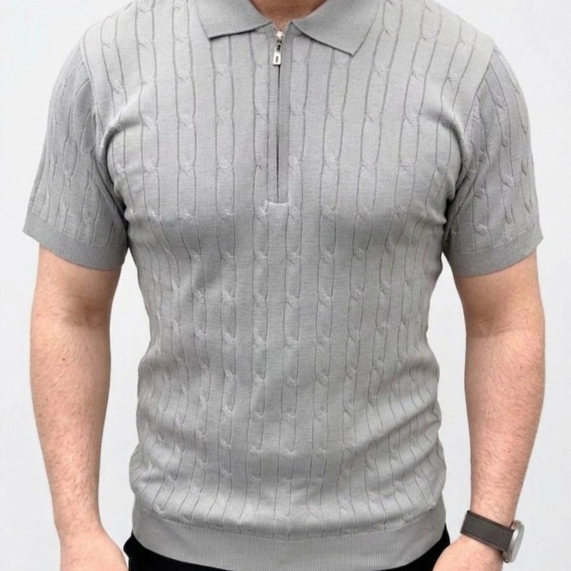 Erkek Yazlık Triko Saç Örgü Tişört Kısa Kol Polo Yaka Fermuarlı T-Shirt - Gri