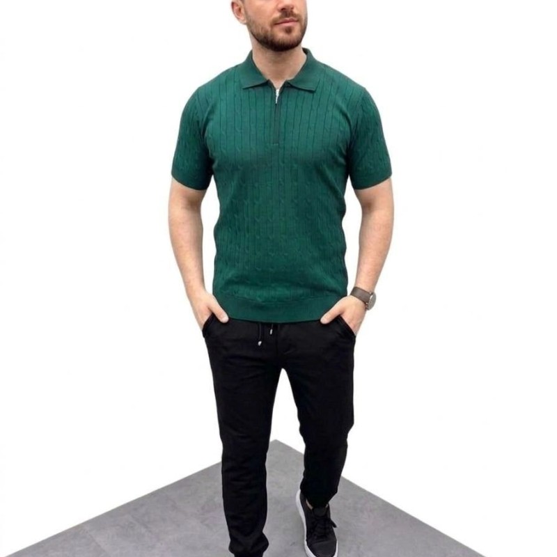 Erkek Yazlık Triko Saç Örgü Tişört Kısa Kol Polo Yaka Fermuarlı T-Shirt - Haki