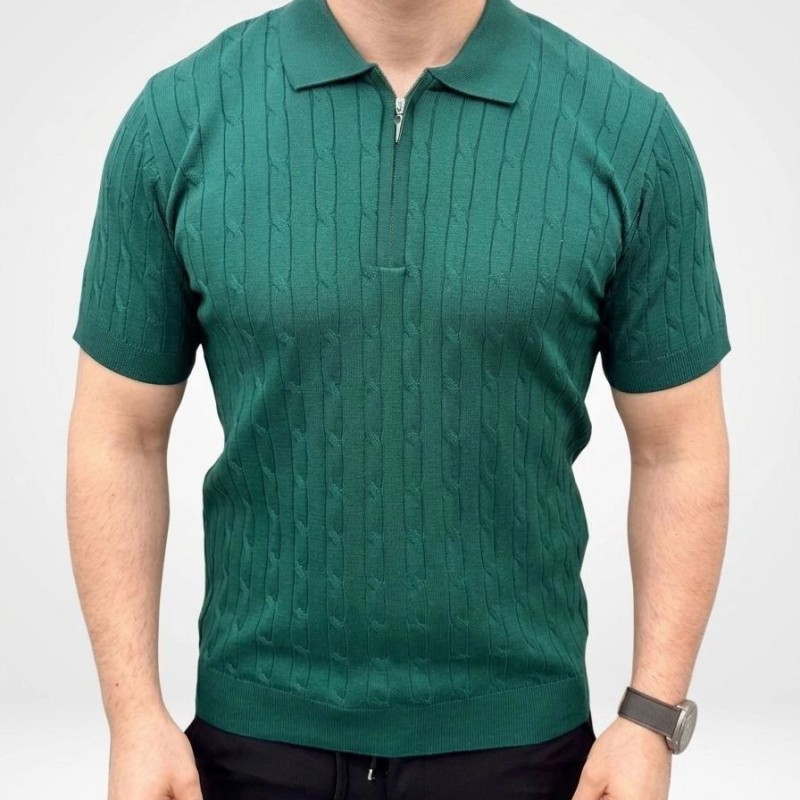 Erkek Yazlık Triko Saç Örgü Tişört Kısa Kol Polo Yaka Fermuarlı T-Shirt - Haki
