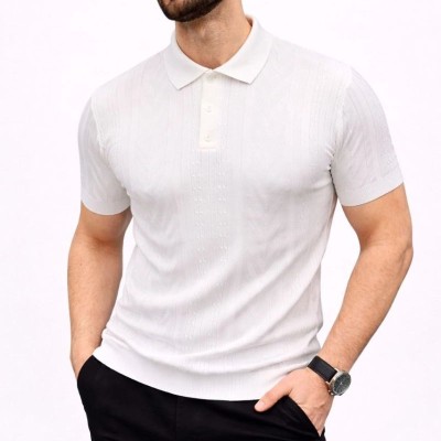 Erkek Yazlık Triko Tişört Kısa Kol Polo Yaka Düğmeli T-Shirt - Beyaz