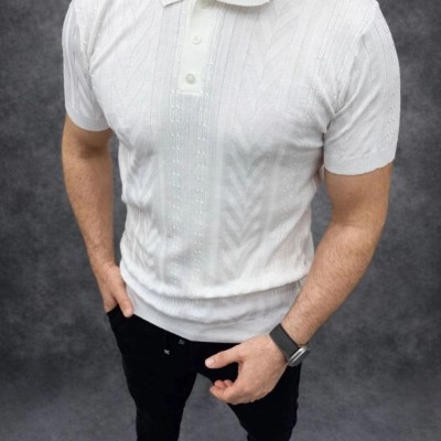Erkek Yazlık Triko Tişört Kısa Kol Polo Yaka Düğmeli T-Shirt - Beyaz