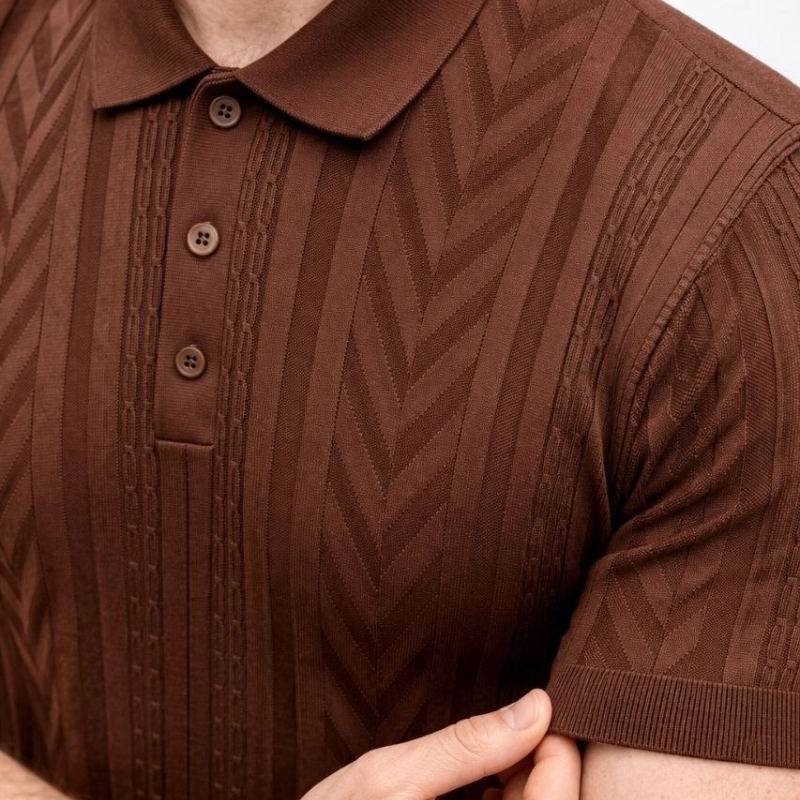 Erkek Yazlık Triko Tişört Kısa Kol Polo Yaka Düğmeli T-Shirt - Kahverengi
