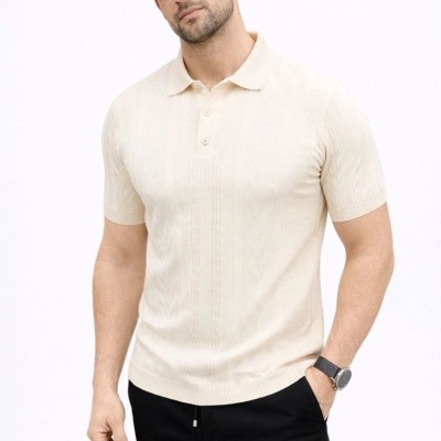 Erkek Yazlık Triko Tişört Kısa Kol Polo Yaka Düğmeli T-Shirt - Krem