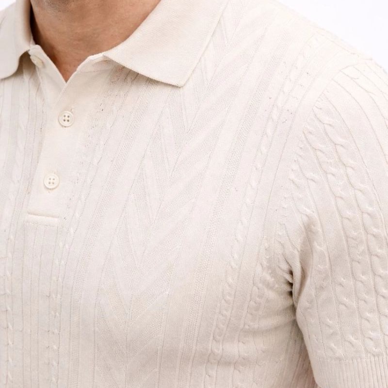 Erkek Yazlık Triko Tişört Kısa Kol Polo Yaka Düğmeli T-Shirt - Krem