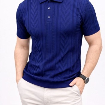 Erkek Yazlık Triko Tişört Kısa Kol Polo Yaka Düğmeli T-Shirt - Lacivert