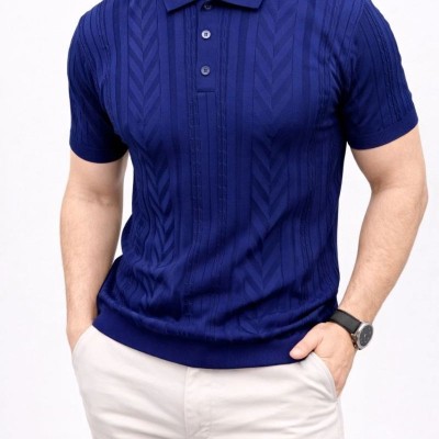 Erkek Yazlık Triko Tişört Kısa Kol Polo Yaka Düğmeli T-Shirt - Lacivert
