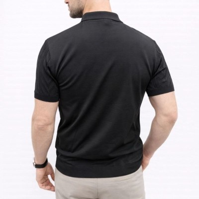 Erkek Yazlık Triko Tişört Kısa Kol Polo Yaka Düğmeli T-Shirt - Siyah