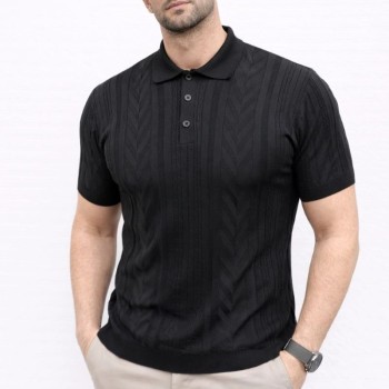 Erkek Yazlık Triko Tişört Kısa Kol Polo Yaka Düğmeli T-Shirt - Siyah