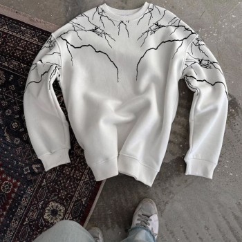 Erkek Yıldırım Baskılı Bisiklet Yaka 3 iplik pamuklu SweatShirt - Beyaz