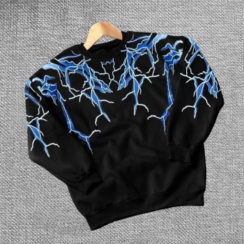 Erkek Yıldırım Baslılı Bisiklet Yaka 3 iplik pamuklu Sweatshirt - Siyah
