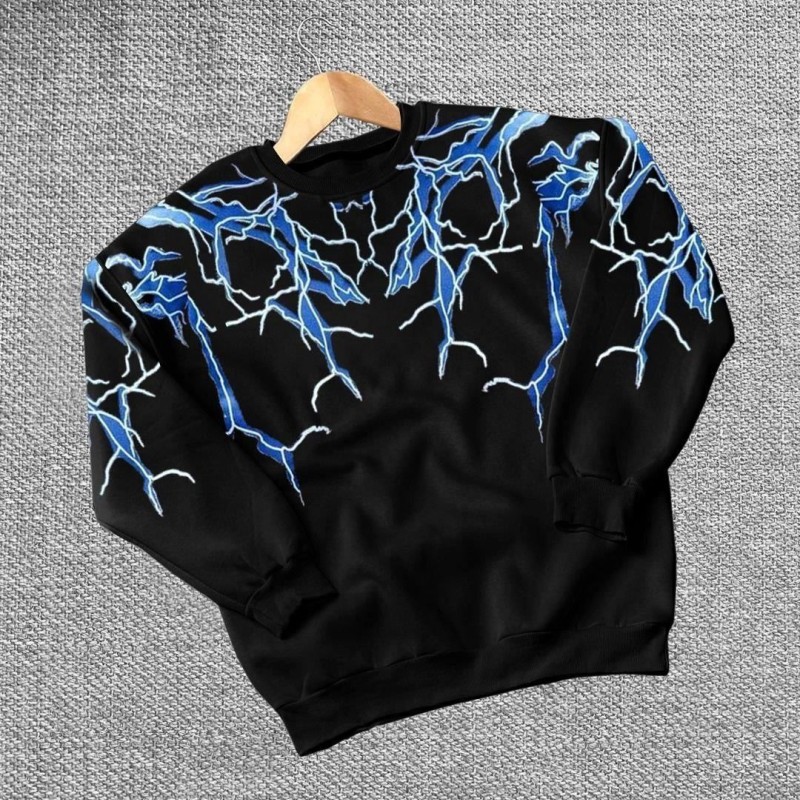 Erkek Yıldırım Baslılı Bisiklet Yaka 3 iplik pamuklu Sweatshirt - Siyah