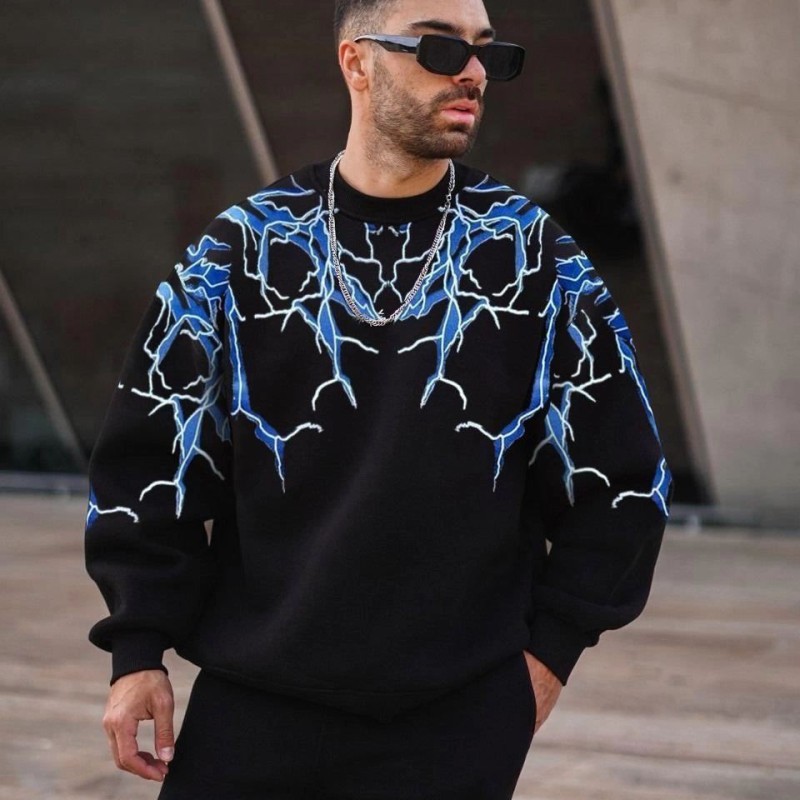 Erkek Yıldırım Baslılı Bisiklet Yaka 3 iplik pamuklu Sweatshirt - Siyah