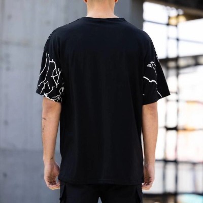 Erkek Yıldırım şimşek Baskılı T-Shirt Kısa Kol Bisiklet Yaka Tişört - Siyah