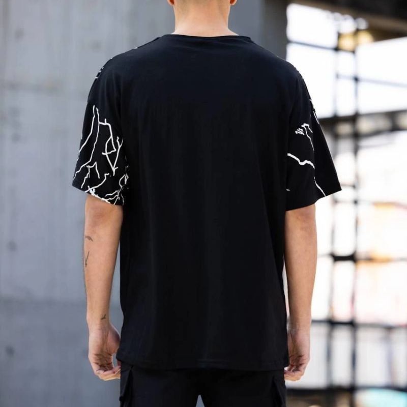 Erkek Yıldırım şimşek Baskılı T-Shirt Kısa Kol Bisiklet Yaka Tişört - Siyah