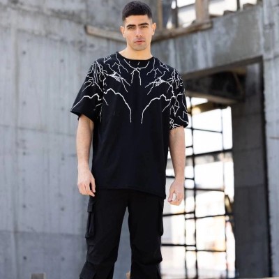 Erkek Yıldırım şimşek Baskılı T-Shirt Kısa Kol Bisiklet Yaka Tişört - Siyah