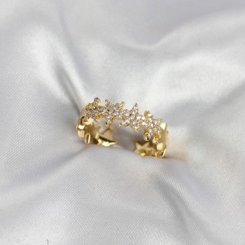 Gold Renk Pirinç Sıralı Yıldız Model Zirkon Taşlı Kadın Yüzük