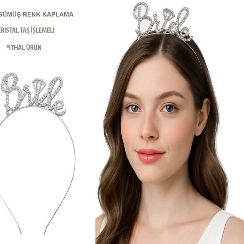 Gümüş Renkli Taşlı “Bride” Gelin Tacı