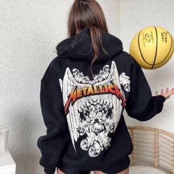 Kadın 2 İplik METALLICA Baskılı Kapüşonlu Hoodie Sweatshirt - Siyah