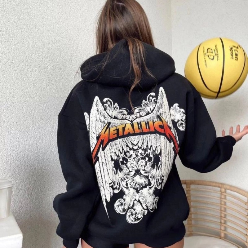Kadın 2 İplik METALLICA Baskılı Kapüşonlu Hoodie Sweatshirt - Siyah