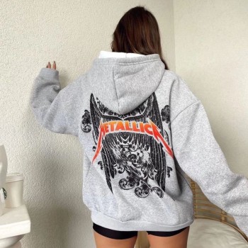 Kadın 2 İplik METALLICA Baskılı Kapüşonlu Sweatshirt Hoodie - Gri