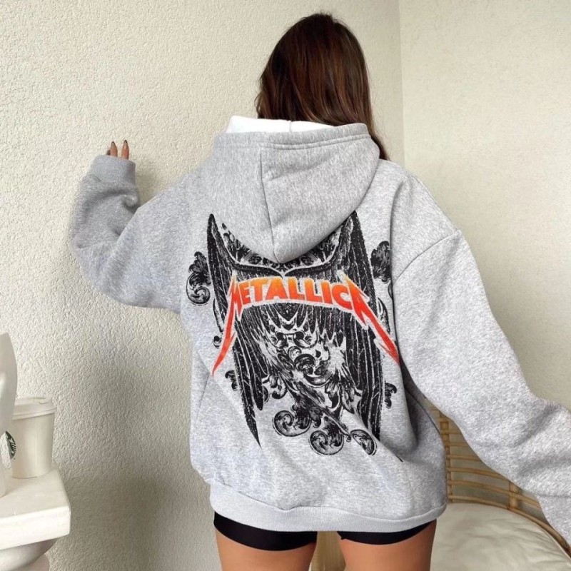 Kadın 2 İplik METALLICA Baskılı Kapüşonlu Sweatshirt Hoodie - Gri