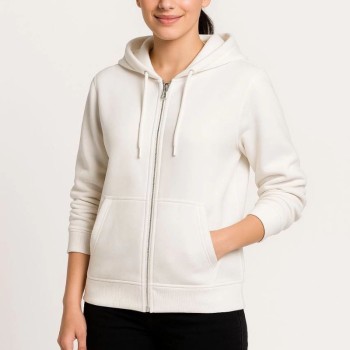 Kadın 3 İplik Kapüşonlu Tam Fermuarlı Kanguru Cepli Sweatshirt Hoodie - Beyaz