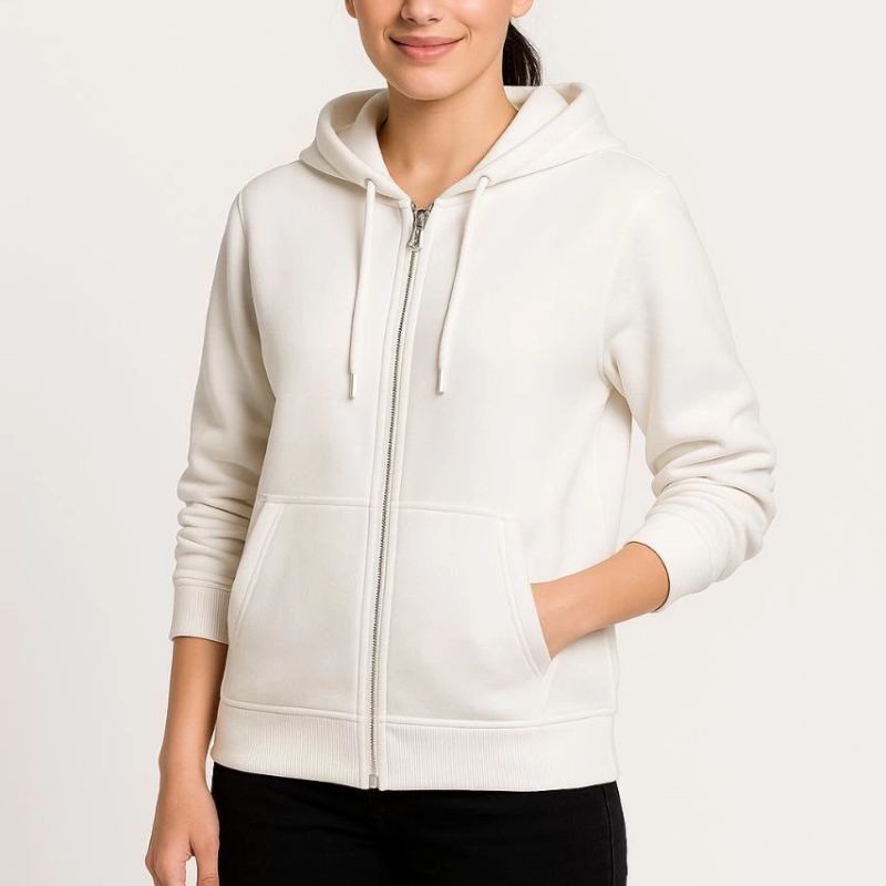 Kadın 3 İplik Kapüşonlu Tam Fermuarlı Kanguru Cepli Sweatshirt Hoodie - Beyaz