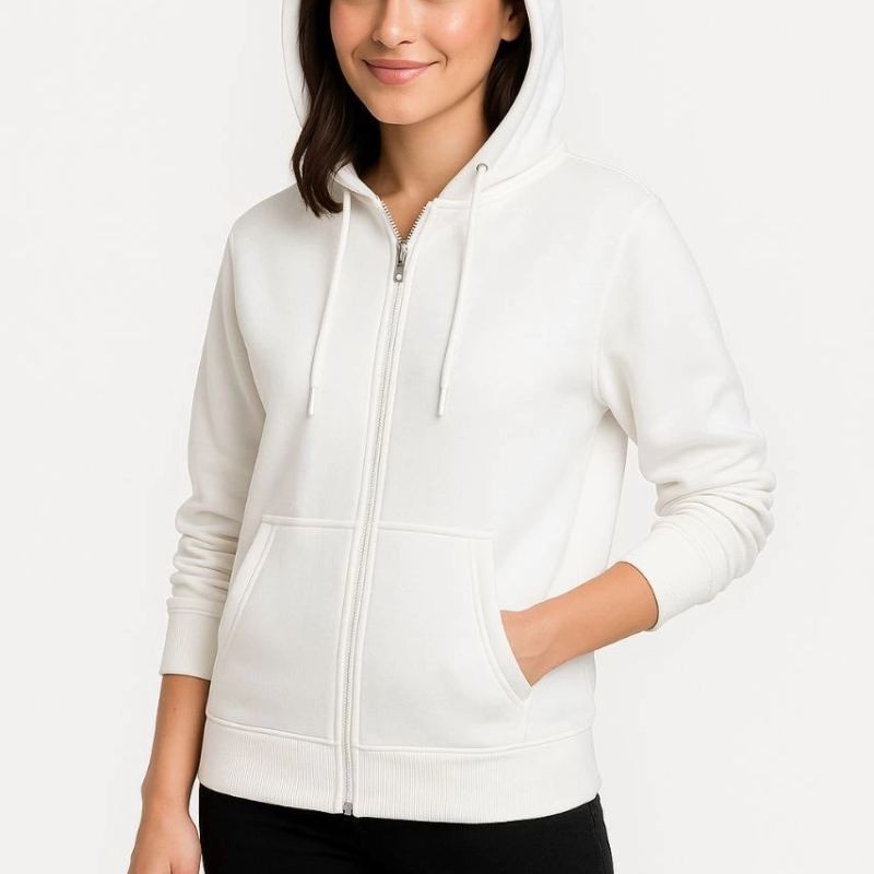 Kadın 3 İplik Kapüşonlu Tam Fermuarlı Kanguru Cepli Sweatshirt Hoodie - Beyaz