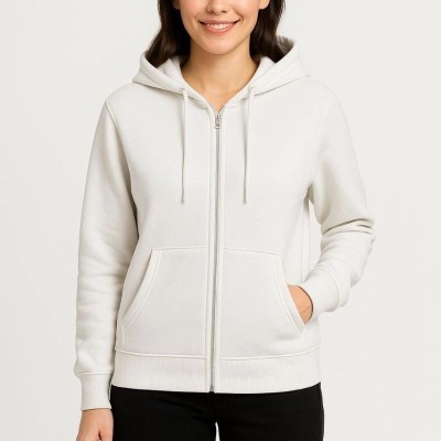 Kadın 3 İplik Kapüşonlu Tam Fermuarlı Kanguru Cepli Sweatshirt Hoodie - Beyaz