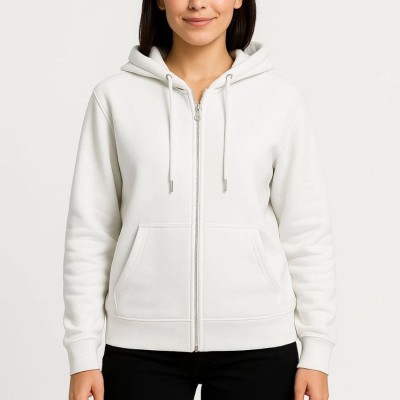 Kadın 3 İplik Kapüşonlu Tam Fermuarlı Kanguru Cepli Sweatshirt Hoodie - Beyaz