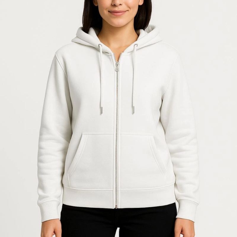 Kadın 3 İplik Kapüşonlu Tam Fermuarlı Kanguru Cepli Sweatshirt Hoodie - Beyaz