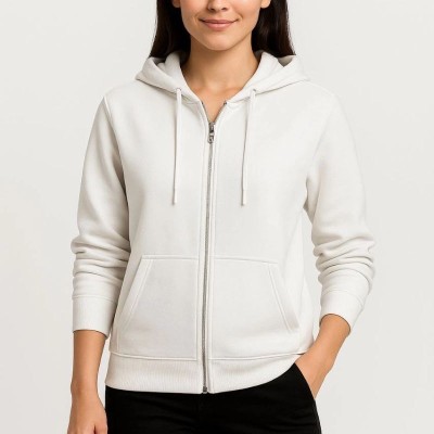 Kadın 3 İplik Kapüşonlu Tam Fermuarlı Kanguru Cepli Sweatshirt Hoodie - Beyaz