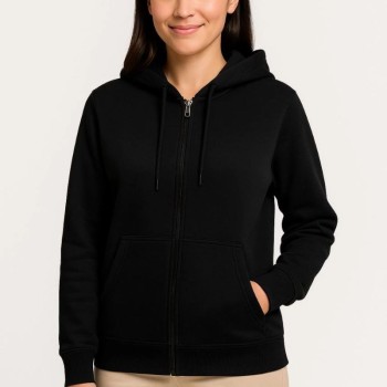 Kadın 3 İplik Kapüşonlu Tam Fermuarlı Kanguru Cepli Sweatshirt Hoodie - Siyah